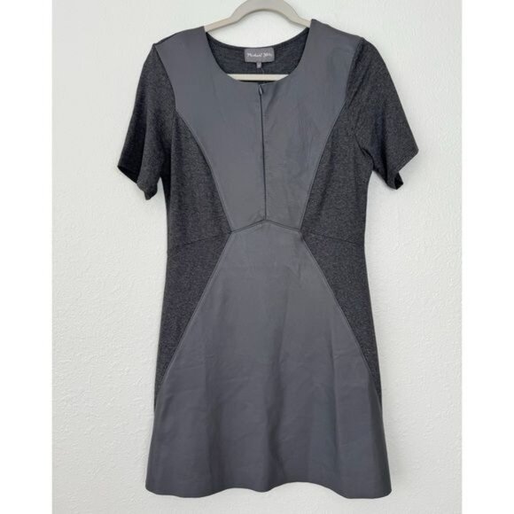 NWT Michael Stars zip up lambskin leather mix charcoal fit and flare dress M - Picture 3 of 13